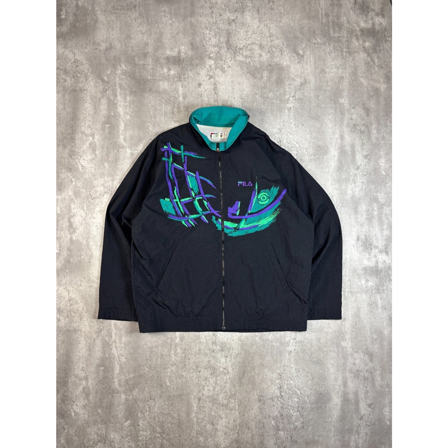 Vintage 80s/90s Fila Full Zip Nylon Windbreaker Jacket Size XL Black