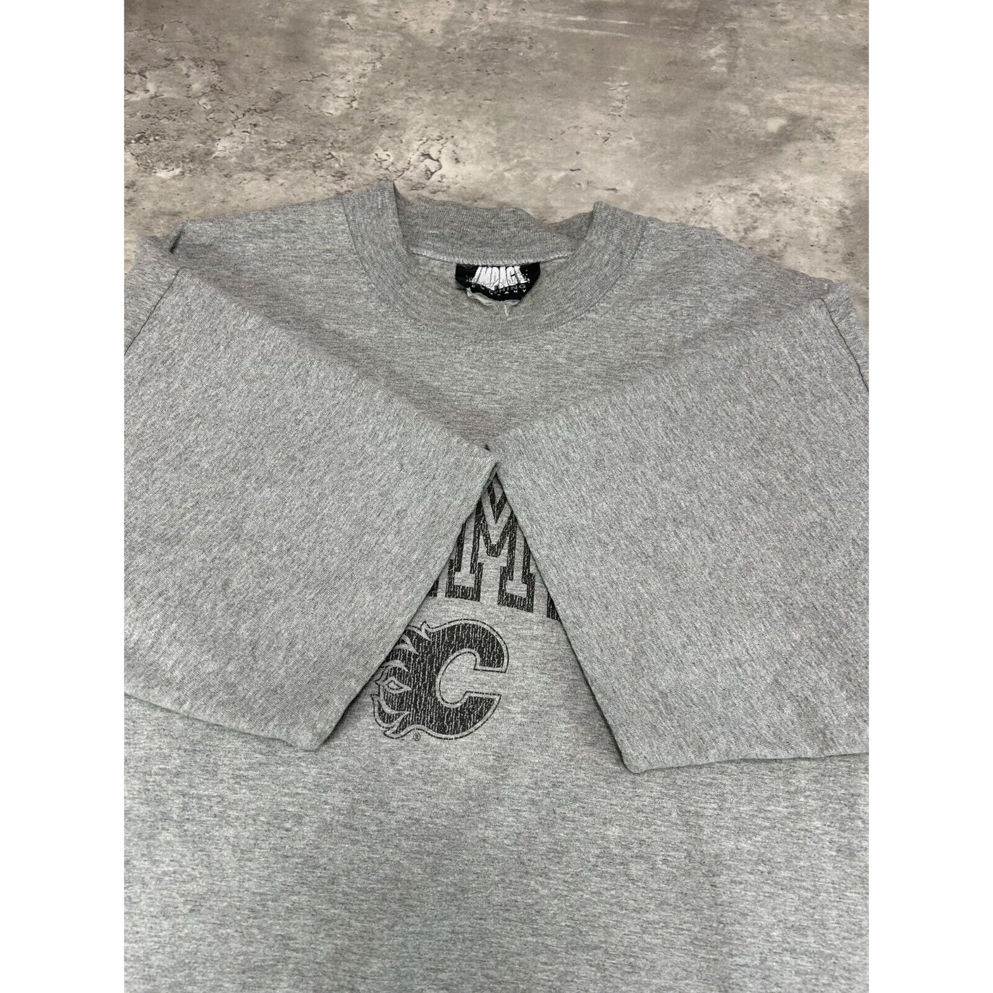 Vintage Calgary Flames NHL Spellout Logo Hockey T-Shirt Size Large Gray