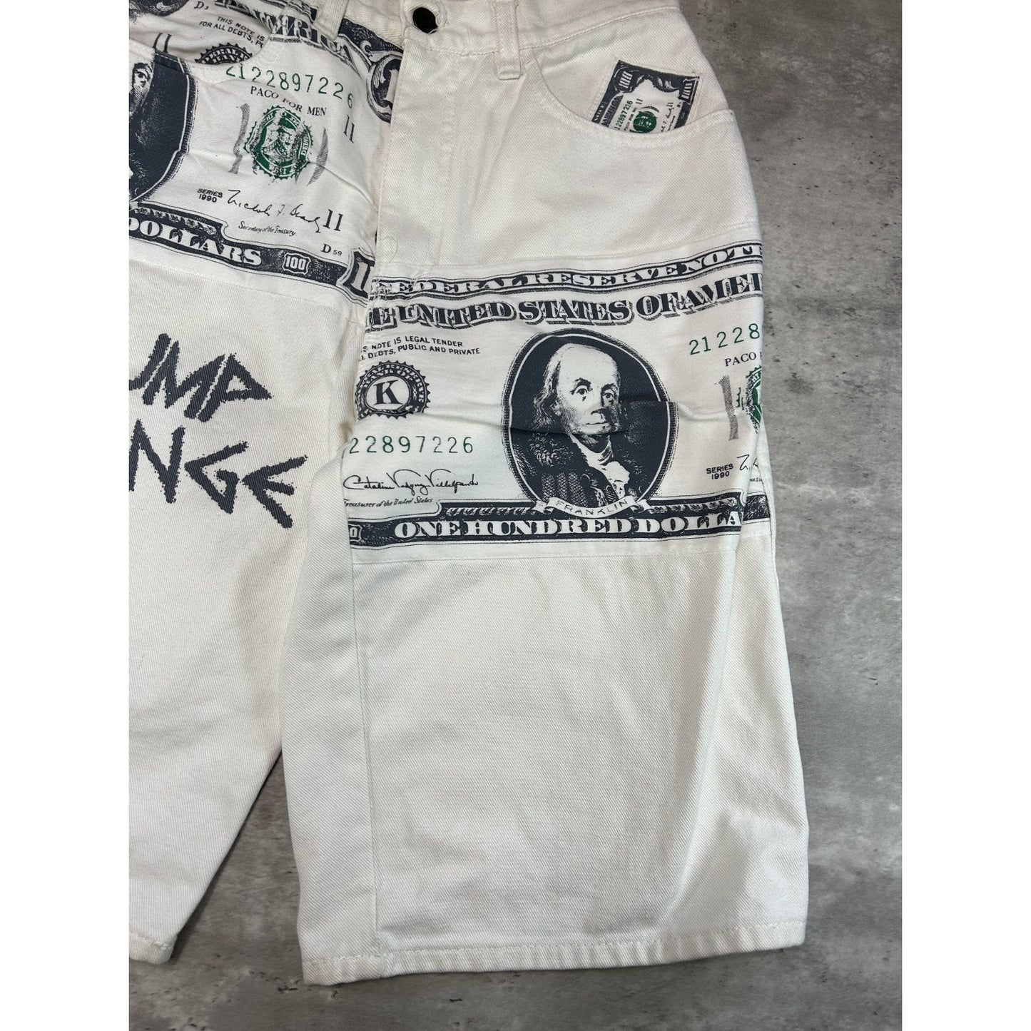 Vintage Y2K Paco Jeans Hundred Dollar Bill Patch Work White Denim Shorts Sz 28