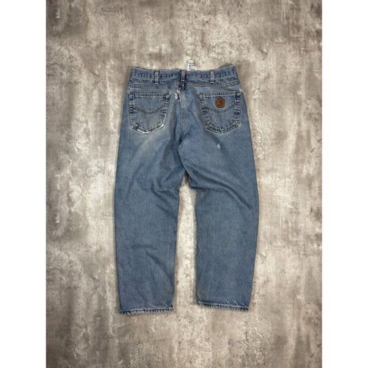 Vintage Carhartt Relaxed Fit Plaid Lined Light Wash Denim Pants Size 34W Blue