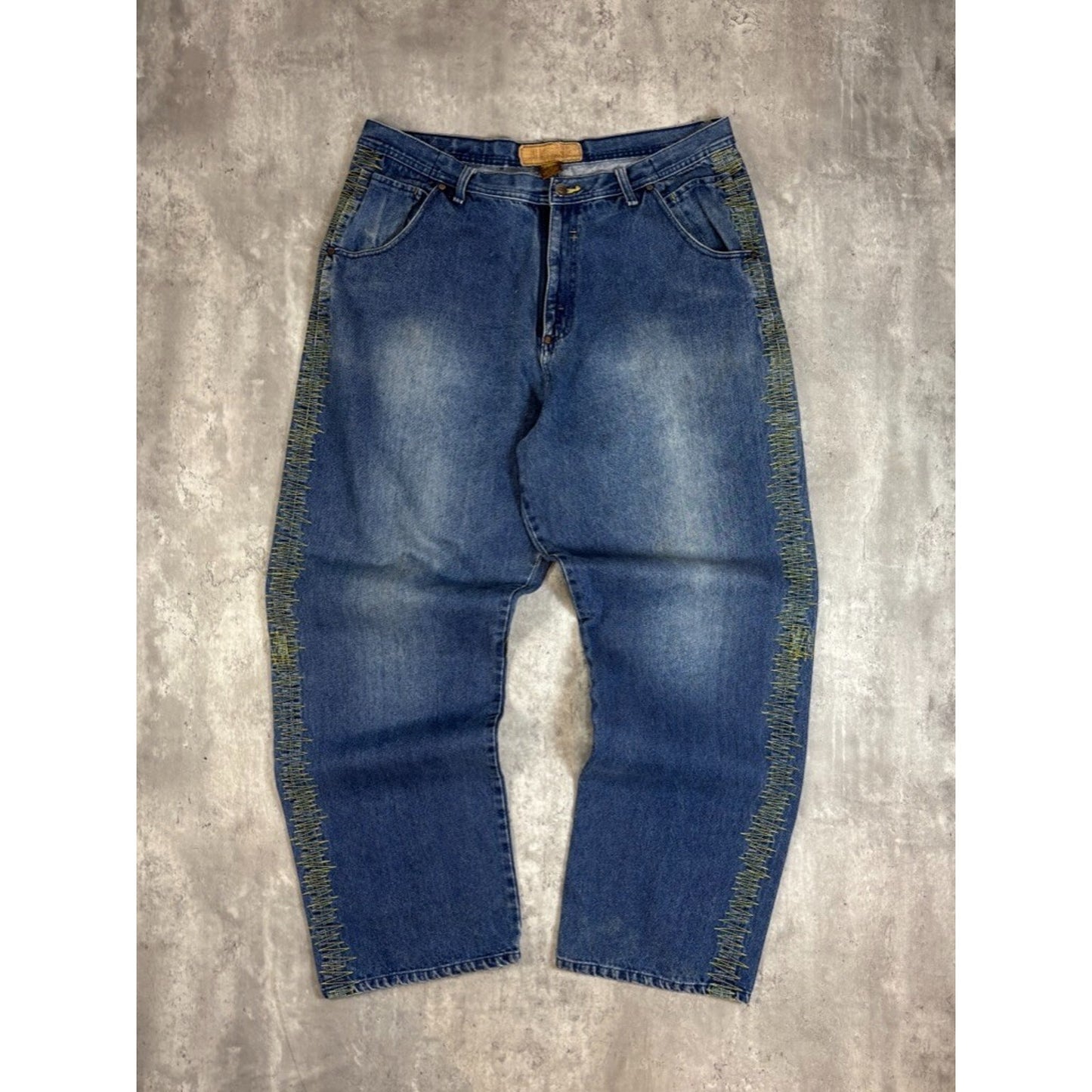 Vintage Y2K Brooklyn Embroidered Stripe Dark Wash Denim Pants Size 38 Blue
