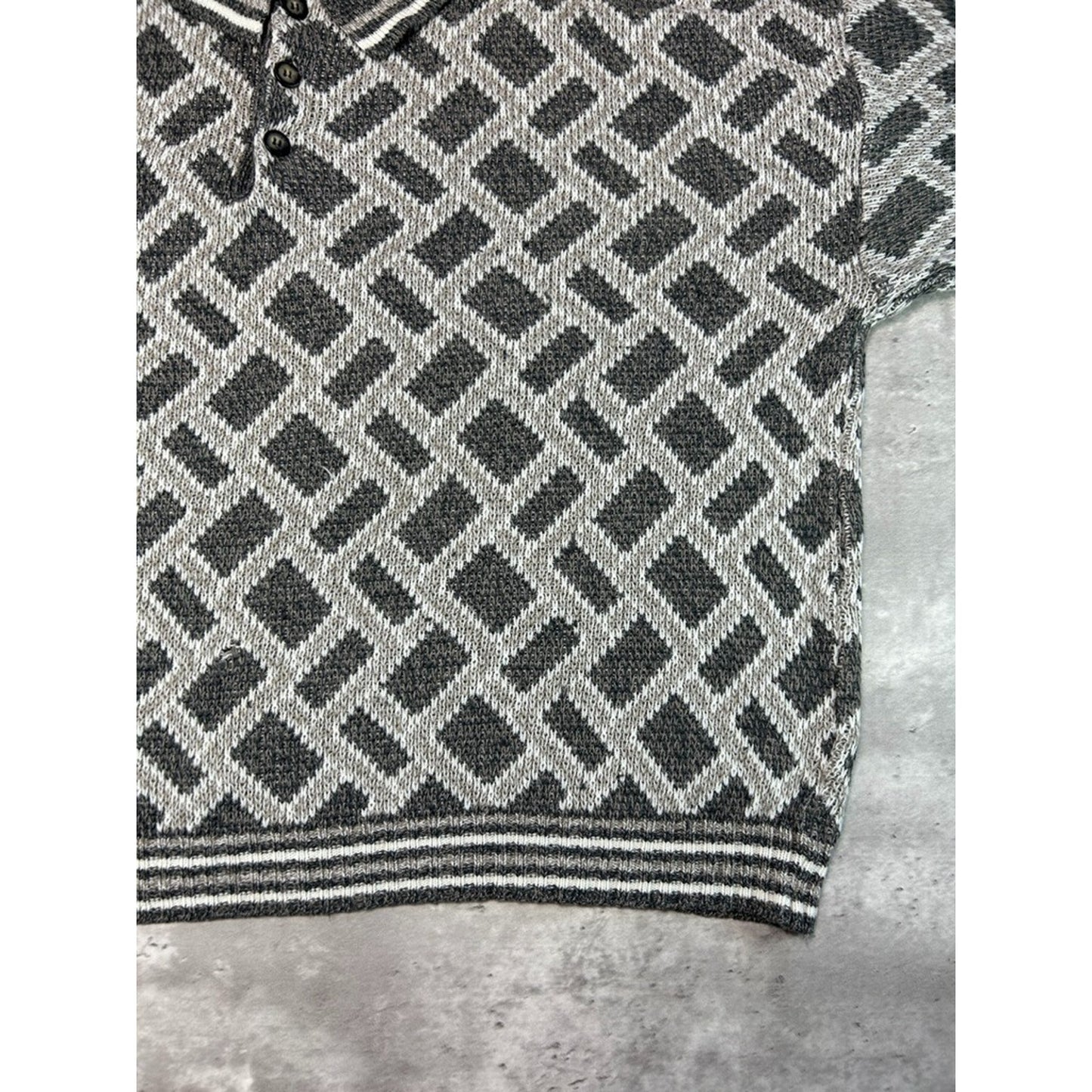 Vintage 90s Bugle Boys Abstract Print 1/4 Button Knit Sweater Size Large Gray