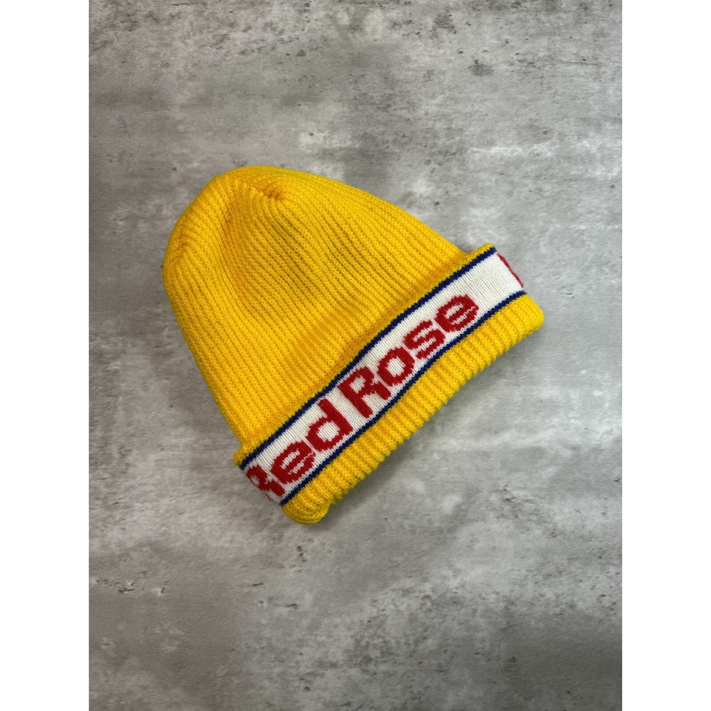 Vintage 1980s Red Rose Graphic Spellout Striped Beanie Hat OSFA Yellow