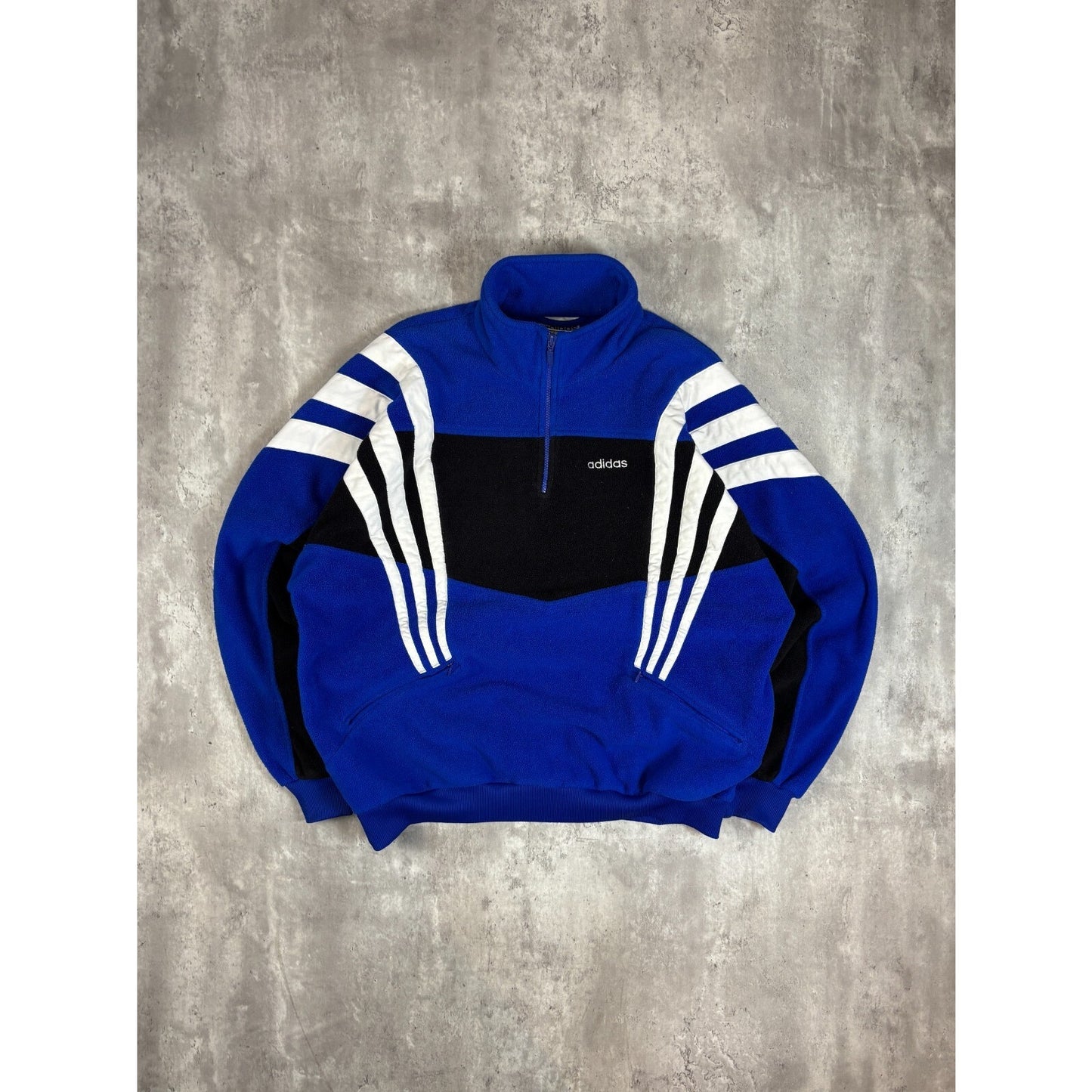 Vintage 80s Adidas Embroidered Spellout 1/4 Zip Fleece Sweatshirt Size XL Blue