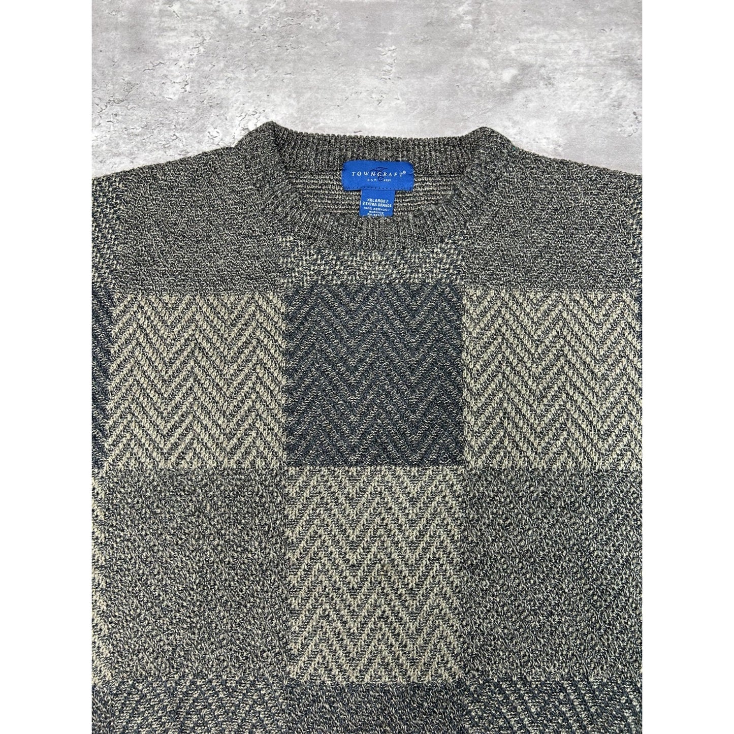 Vintage Towncraft Checkered Print Earth Tone Pullover Knit Sweater Size 2XL