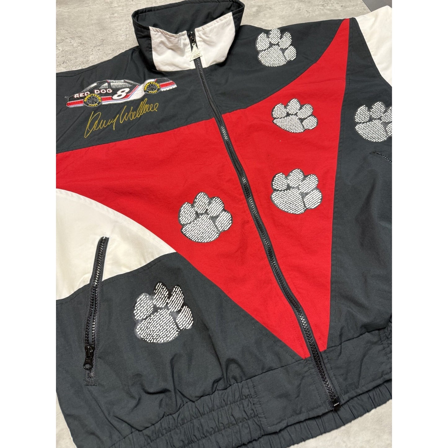 Vintage 90s Kenny Wallace #8 Nascar Red Dog Paw Print Jacket Size 2XL