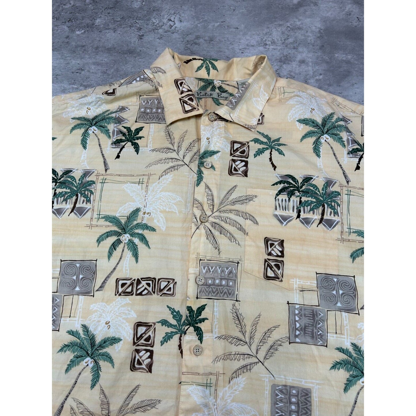 Vintage Palm Tree Pattern Print Short Sleeve Button Up Shirt Size XL Yellow