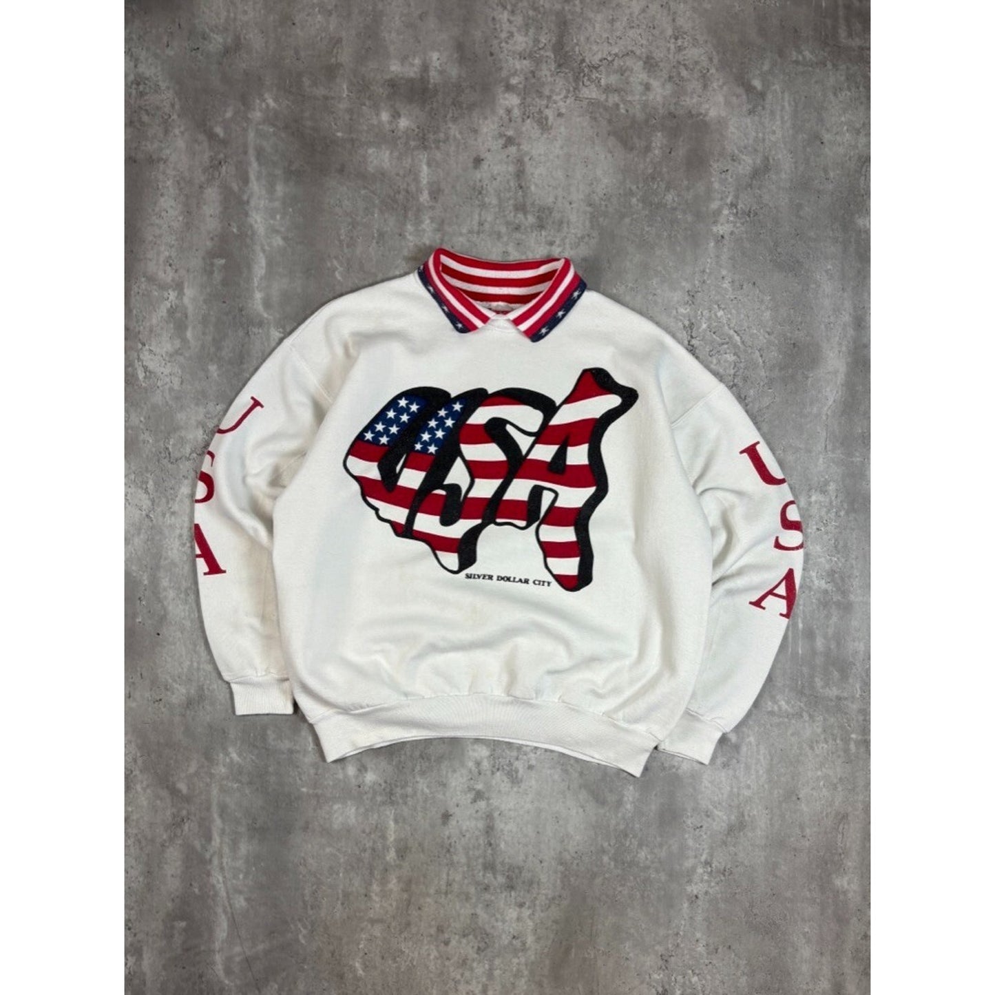 Vintage 90s USA American Flag Graphic Spellout Collared Sweatshirt Size Large