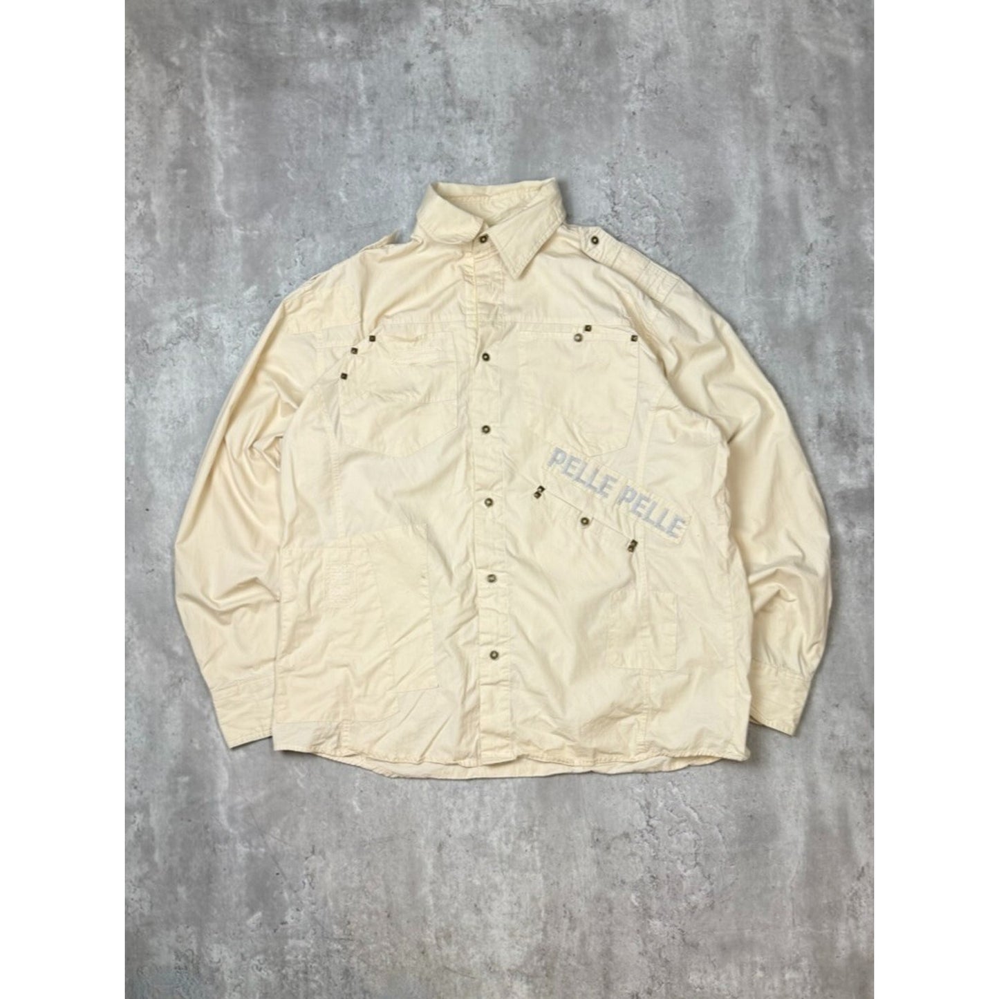 Vintage Y2K Pelle Pelle Spellout Long Sleeve Button Up Shirt Size XL Beige