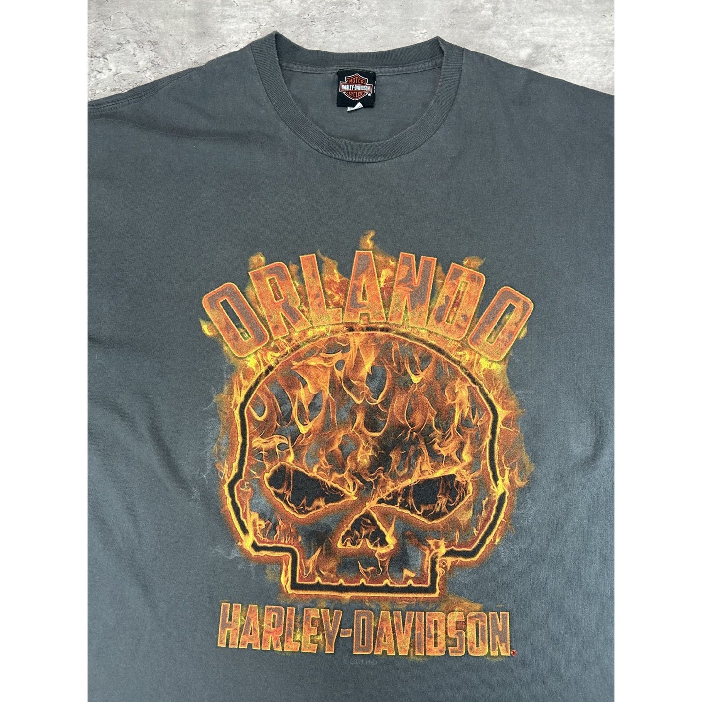 Harley Davidson Motorcycles Flaming Skull Spellout Graphic T-Shirt Size 2XL