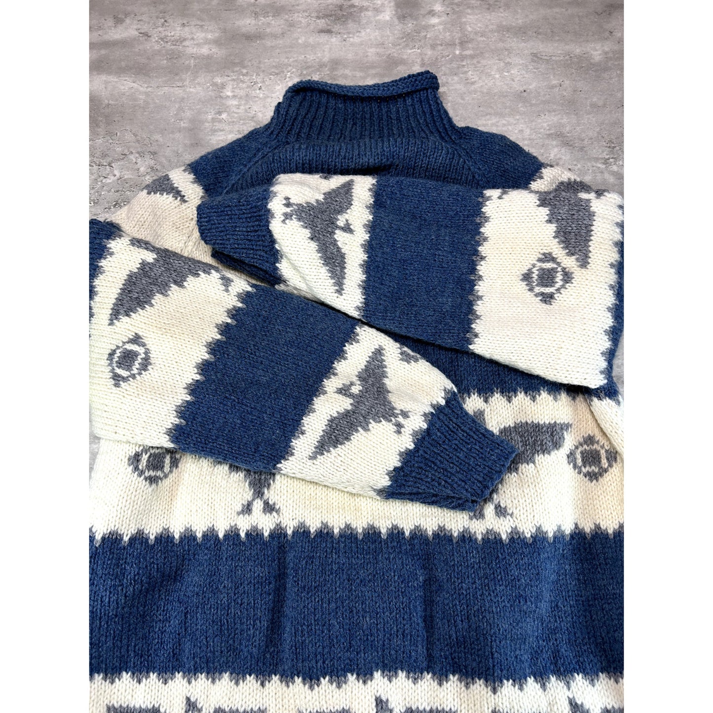 Vintage 80s Bird Print Striped Full Zip Collared Knit Sweater Size Large