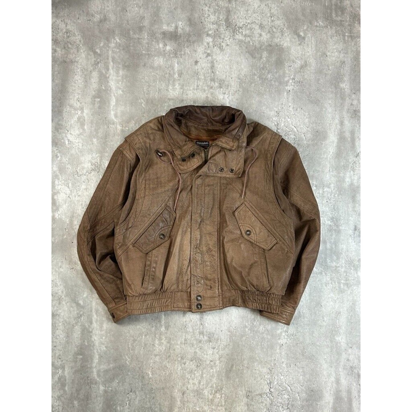 Vintage Adventure Bound Thinsulate Multi Pocket Leather Bomber Jacket Size Large Brown