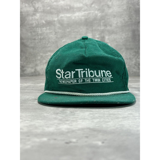 Vintage 90s Star Tribune Embroidered Spellout Corduroy Strapback Hat OSFA Green