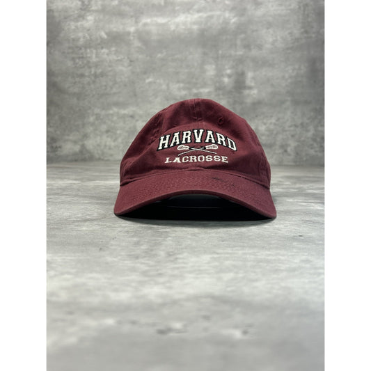 Vintage Harvard Lacrosse NCAA Embroidered Spellout Strapback Hat OSFA Maroon