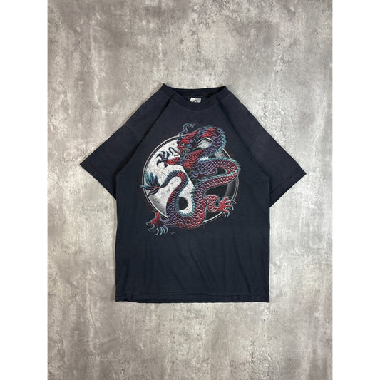 Vintage Y2K Yin & Yang Dragon Graphic T-Shirt Size Large Black