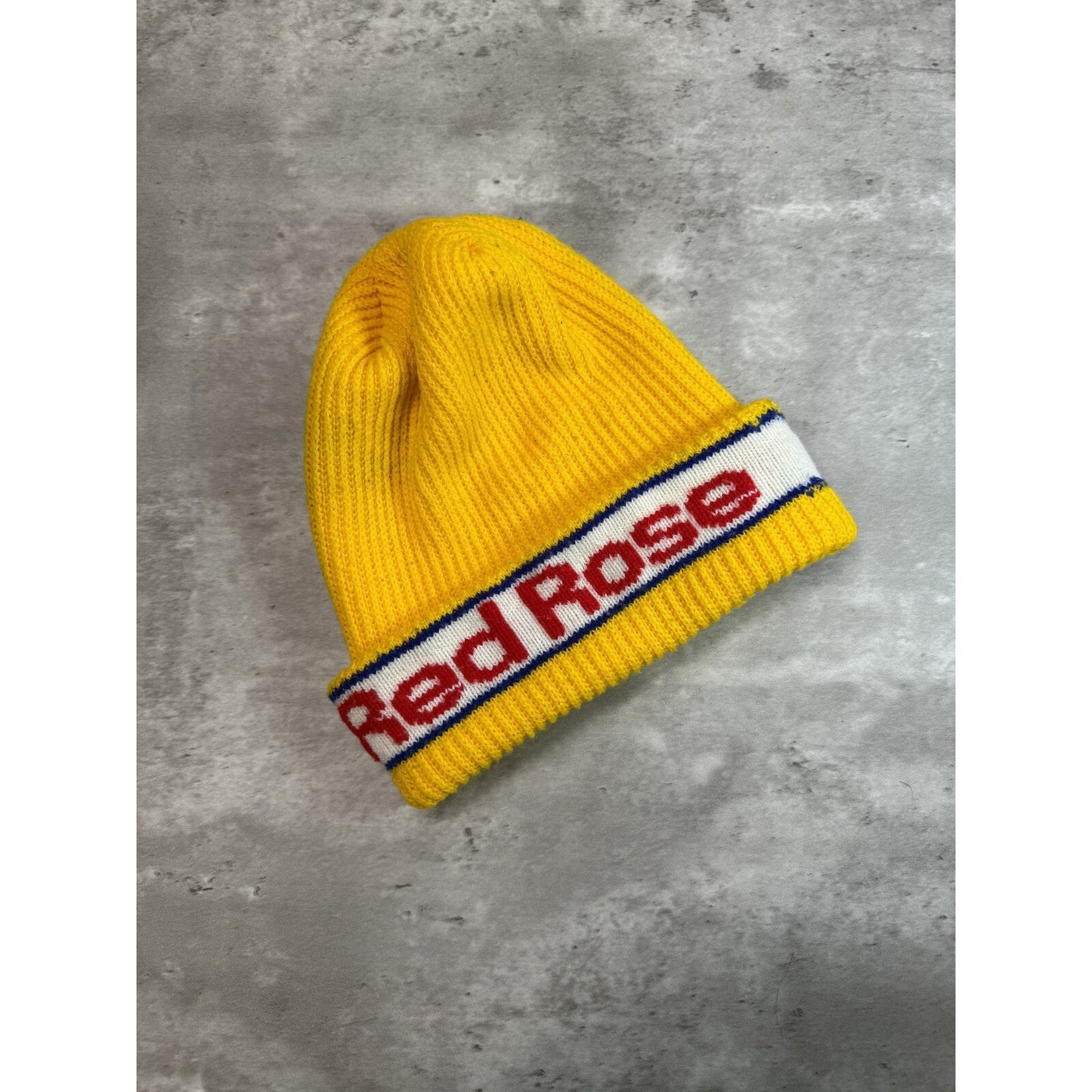 Vintage 1980s Red Rose Graphic Spellout Striped Beanie Hat OSFA Yellow