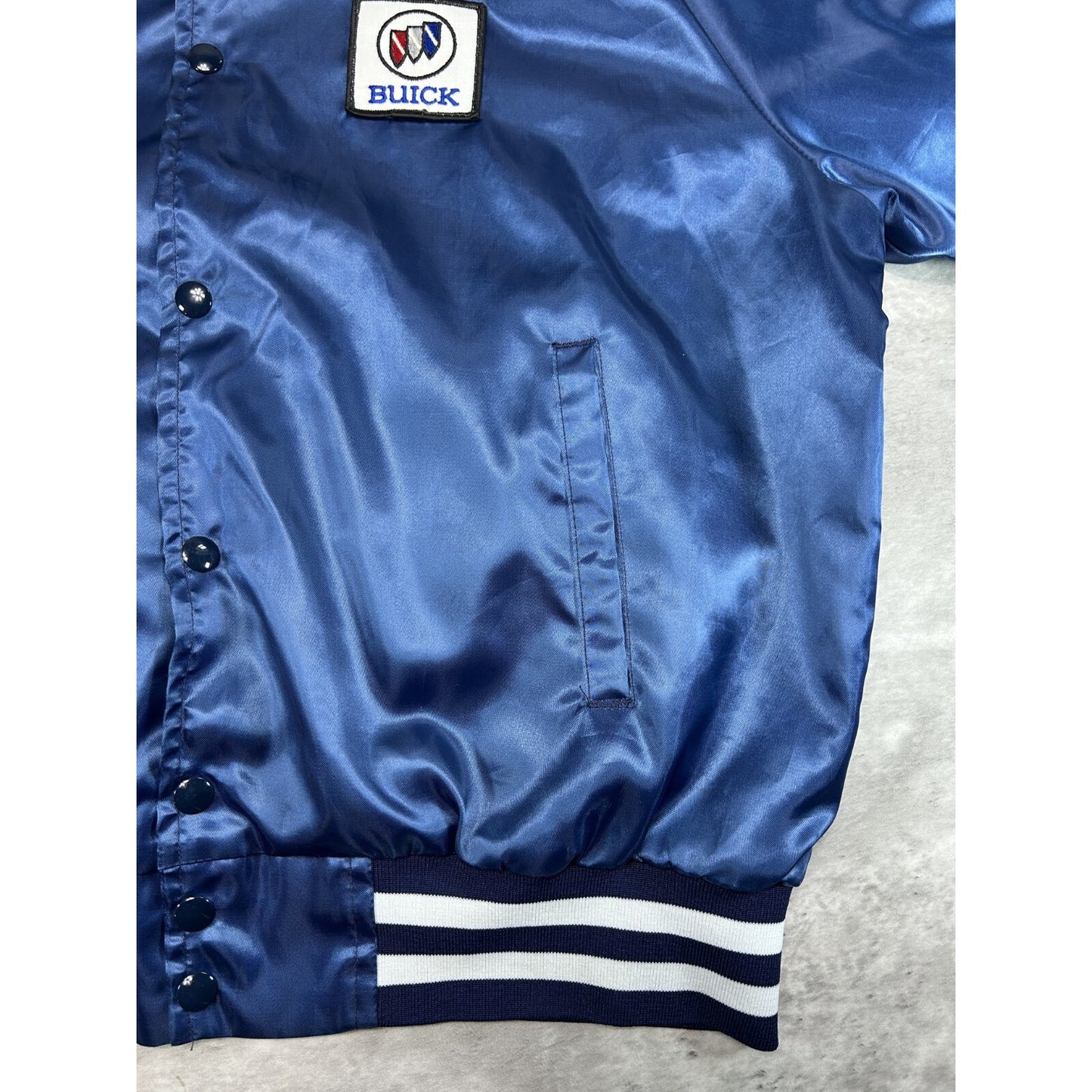 Vintage 80s Buick Embroidered Patch Satin Bomber Jacket Size Large Blue
