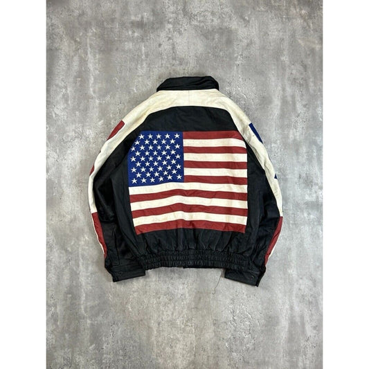Vintage USA Embroidered Flag Spell Out Leather Bomber Jacket Size Large Black