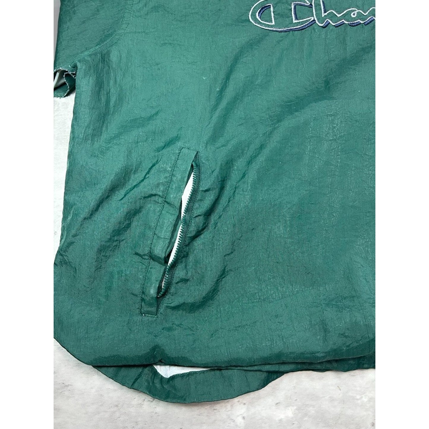 Vintage 90s Champion Embroidered Spellout Nylon Pullover Jacket Size XL Green