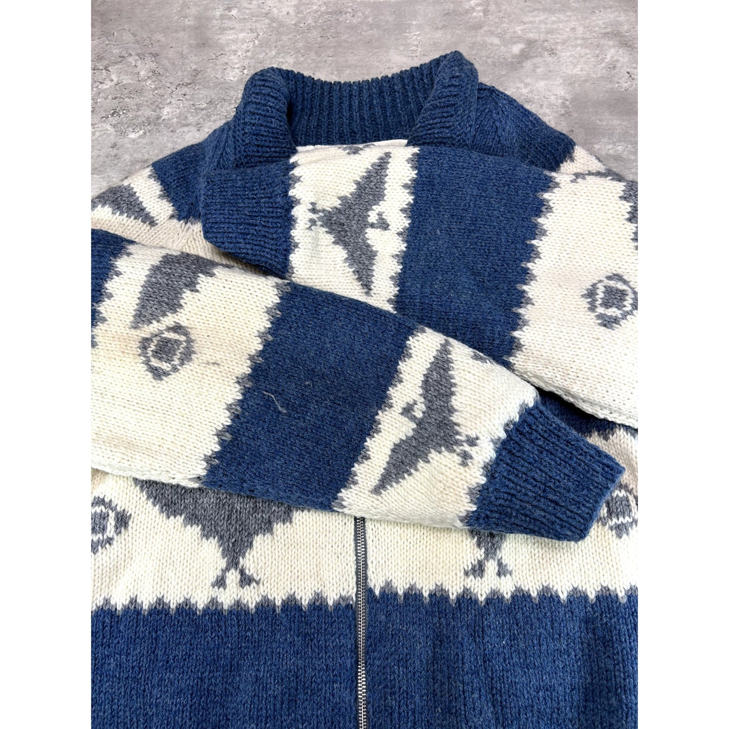 Vintage 80s Bird Print Striped Full Zip Collared Knit Sweater Size Large