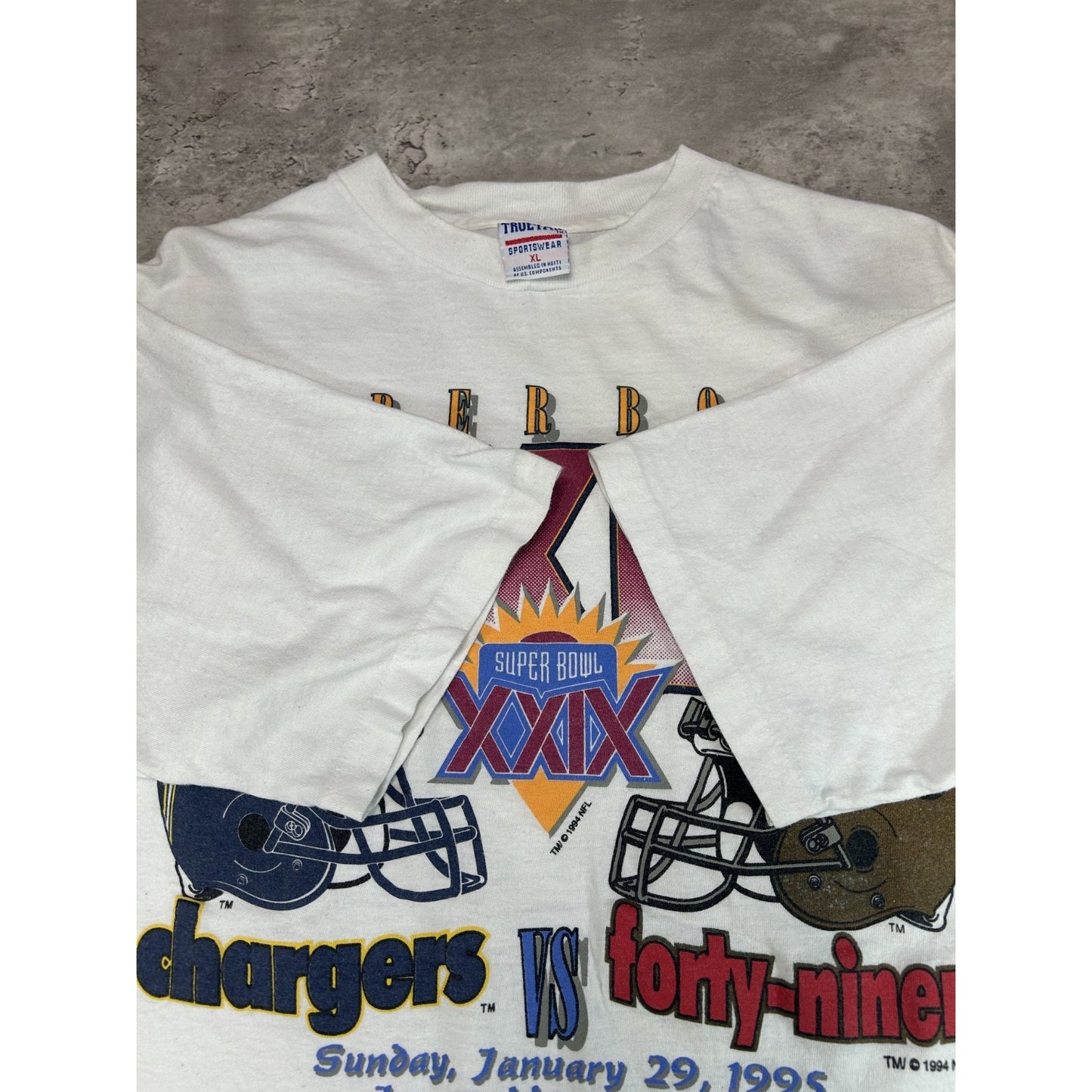 Vintage 1995 Chargers Vs 49ers NFL Super Bowl XXIX Graphic T-Shirt Size XL