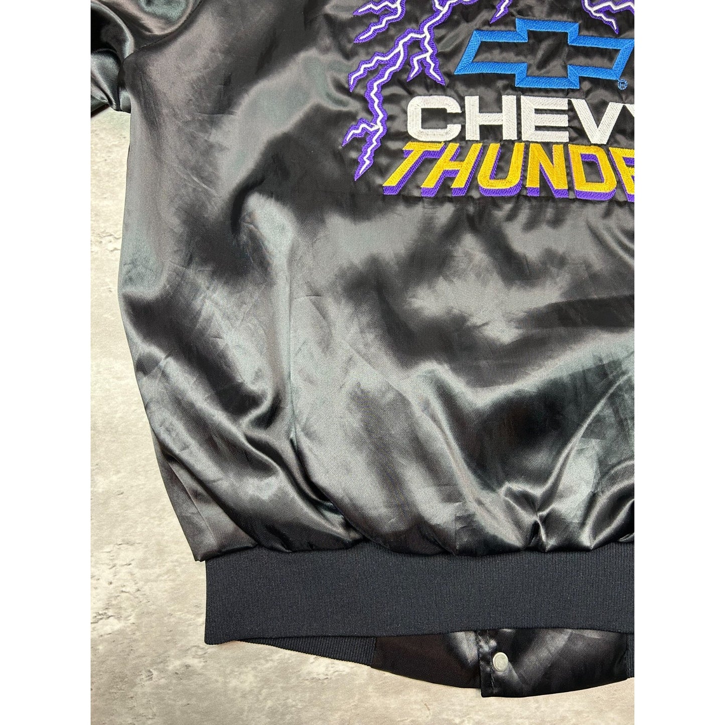 Vintage 80s Chevy Thunder Embroidered Lightning Satin Bomber Jacket Size Medium