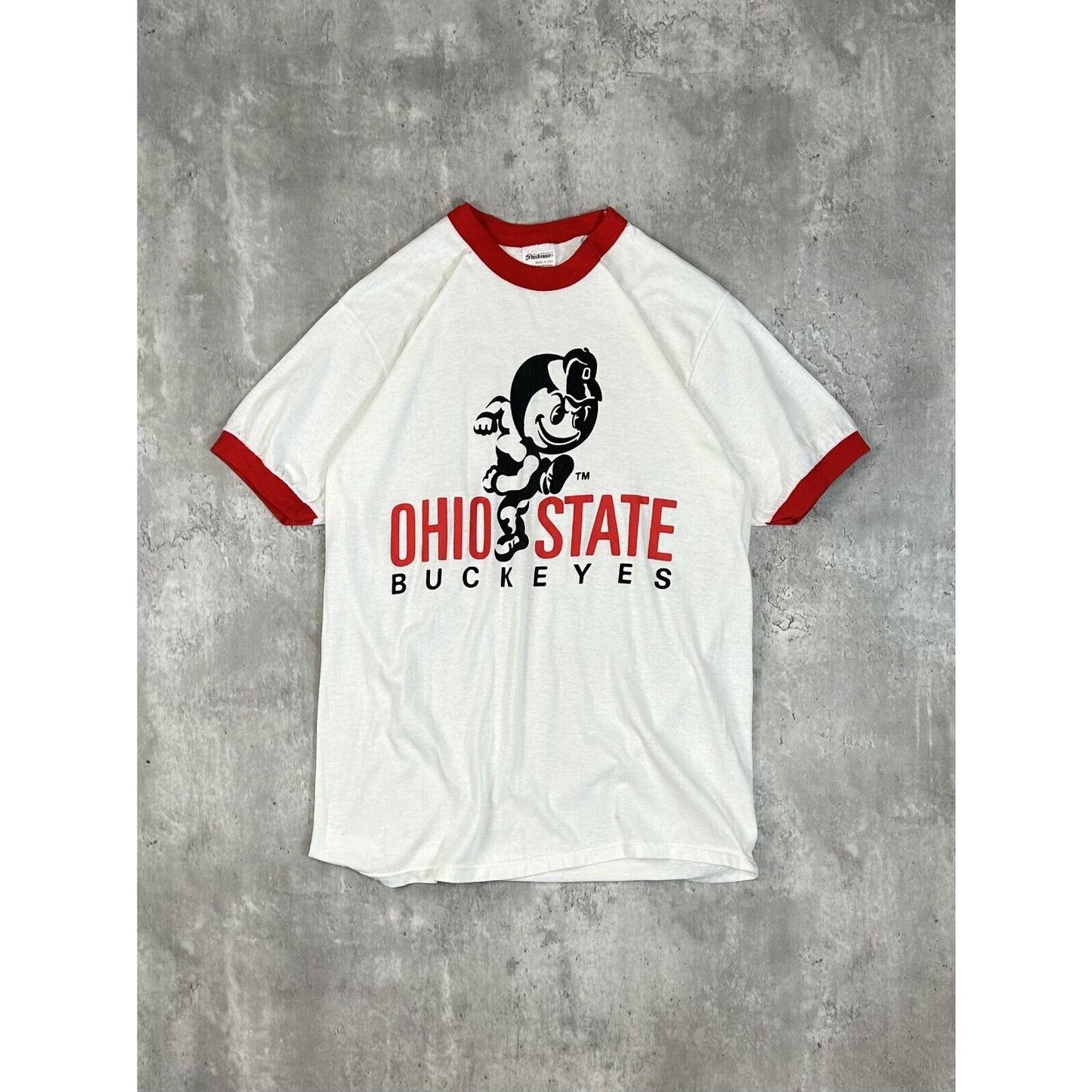 Vintage 1980s Ohio State Buckeyes NCAA Mascot Graphic Ringer T-Shirt Size Large