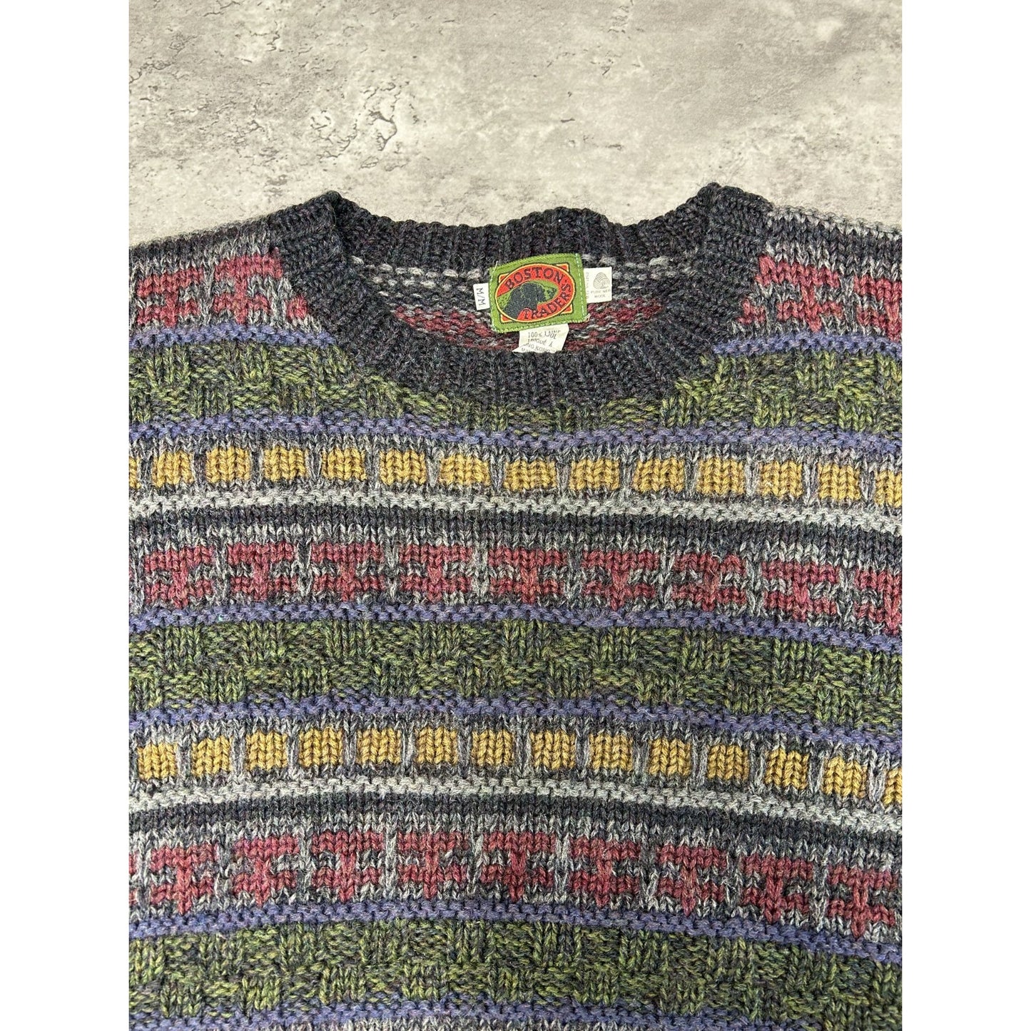 Vintage 90s Boston Traders Striped Print Pullover 100% Wool Knit Sweater Sz Med