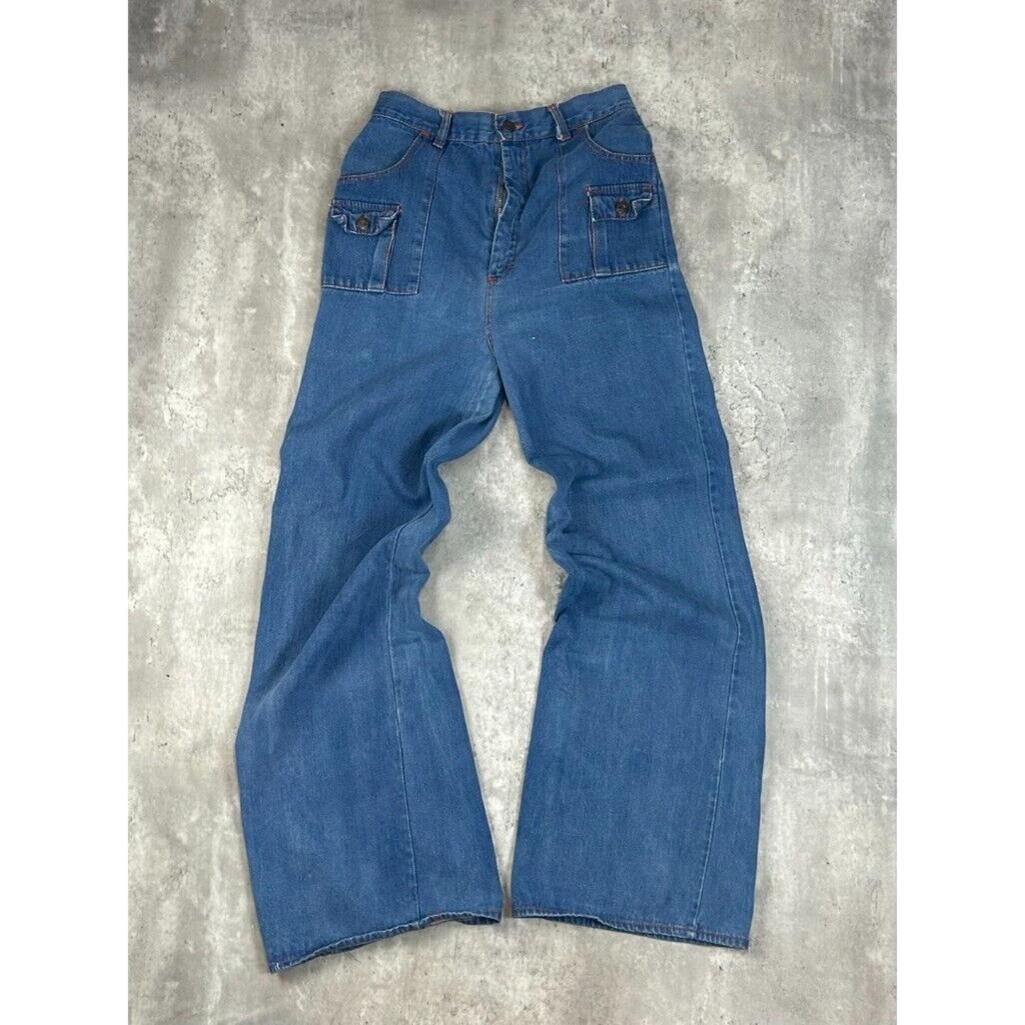 Vintage 70s/80s Medium Wash Multi Pocket Flared Denim Pants Size 29 Blue