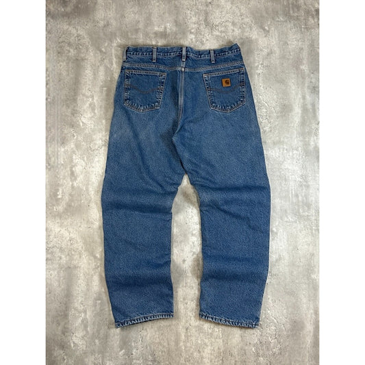 Vintage Carhartt Fleece Lined Canvas Workwear Medium Wash Denim Pants Size 40