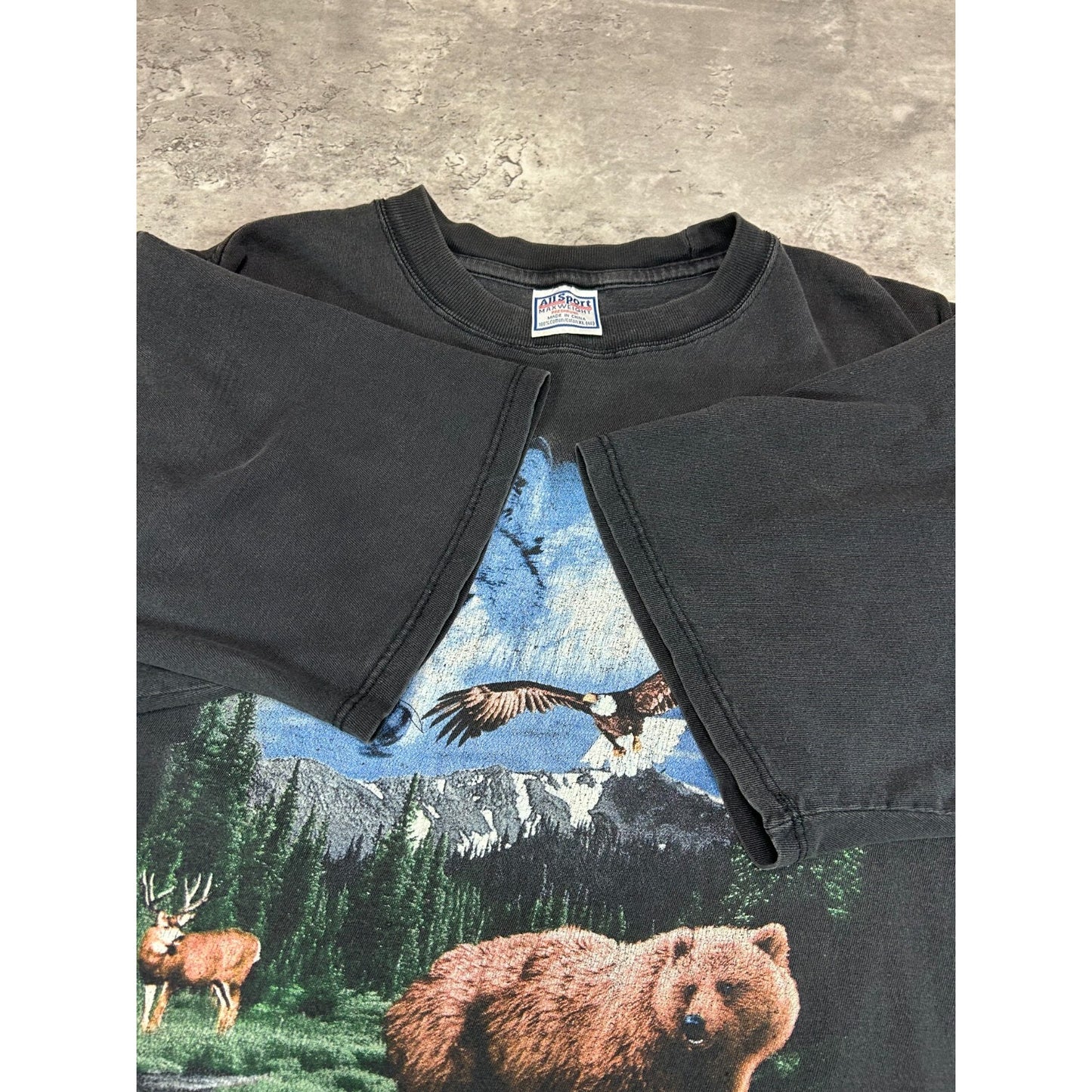 Vintage Bald Eagle Grizzly Bear Animal Nature Graphic AOP T-Shirt Size XL