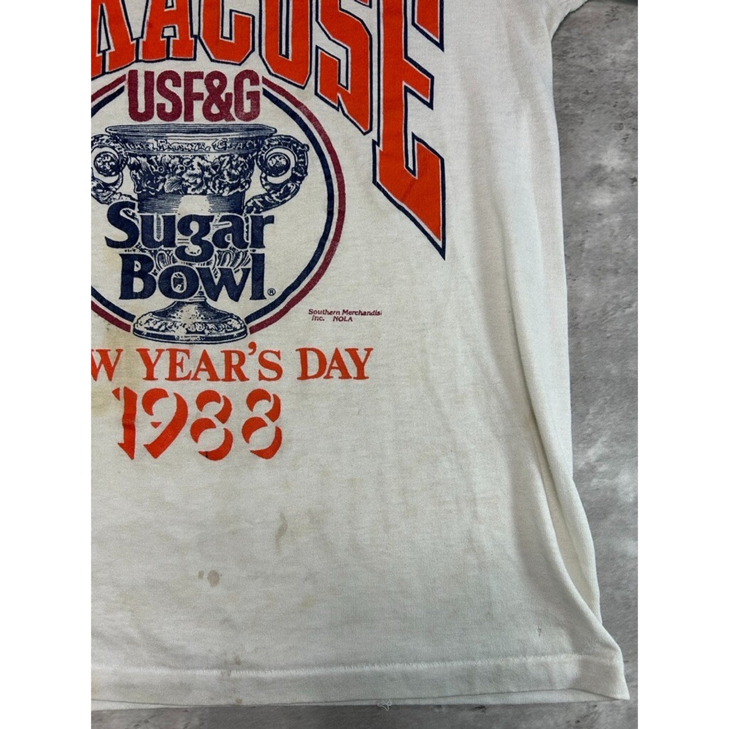 Vintage 1988 Syracuse Orangemen NCAA Sugar Bowl Football Jersey T-Shirt Sz Small