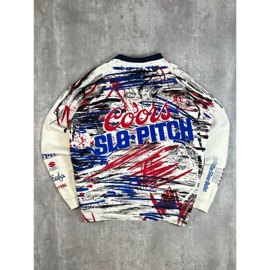 Vintage 90s Coors Slo-Pitch All Over Print Collared Pullover Sweatshirt Size Medium