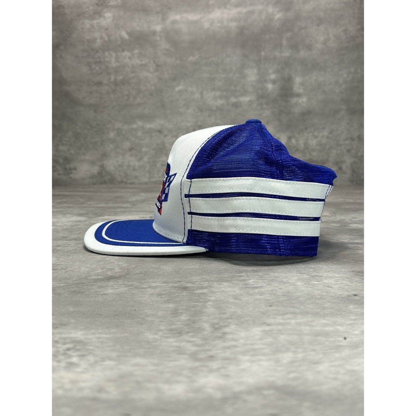 Vintage 90s Racetrack Revival Embroidered Three Stripe Trucker Snapback Hat OSFA