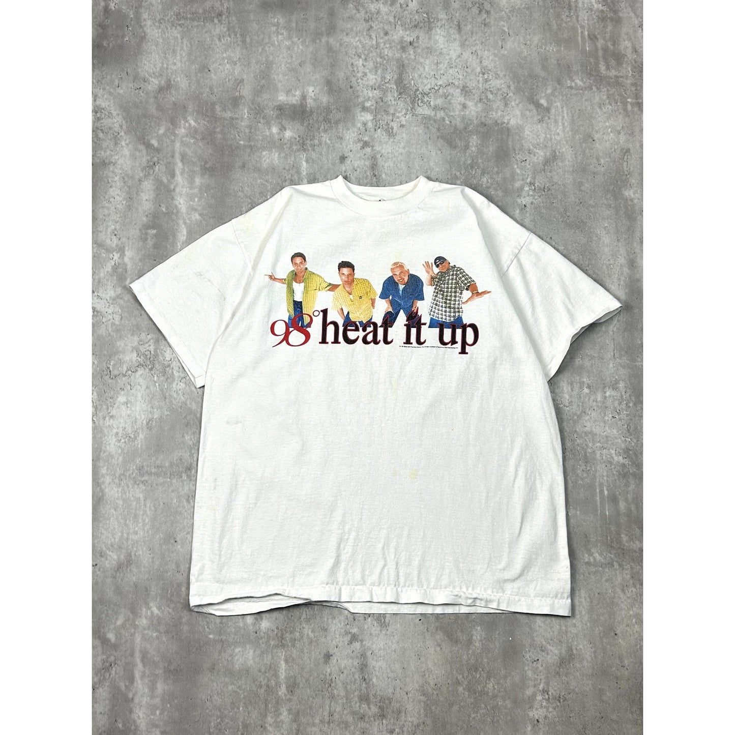 Vintage 1998 98 Degrees Heat It Up Pop Music Tour Graphic T-Shirt Size XL White
