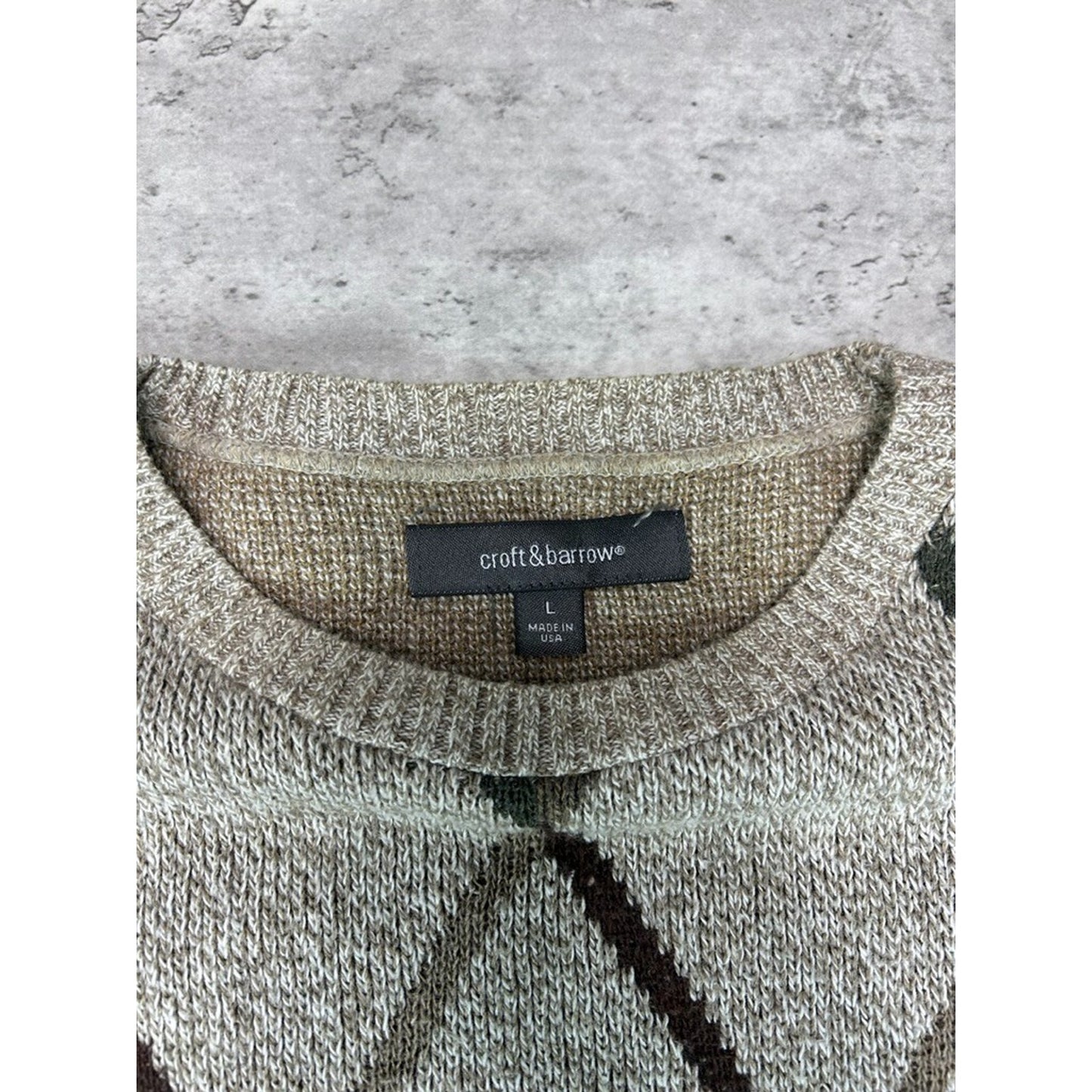 Croft And Barrow Diamond Print Earth Tones Pullover Ribbed Sweater Size Large
