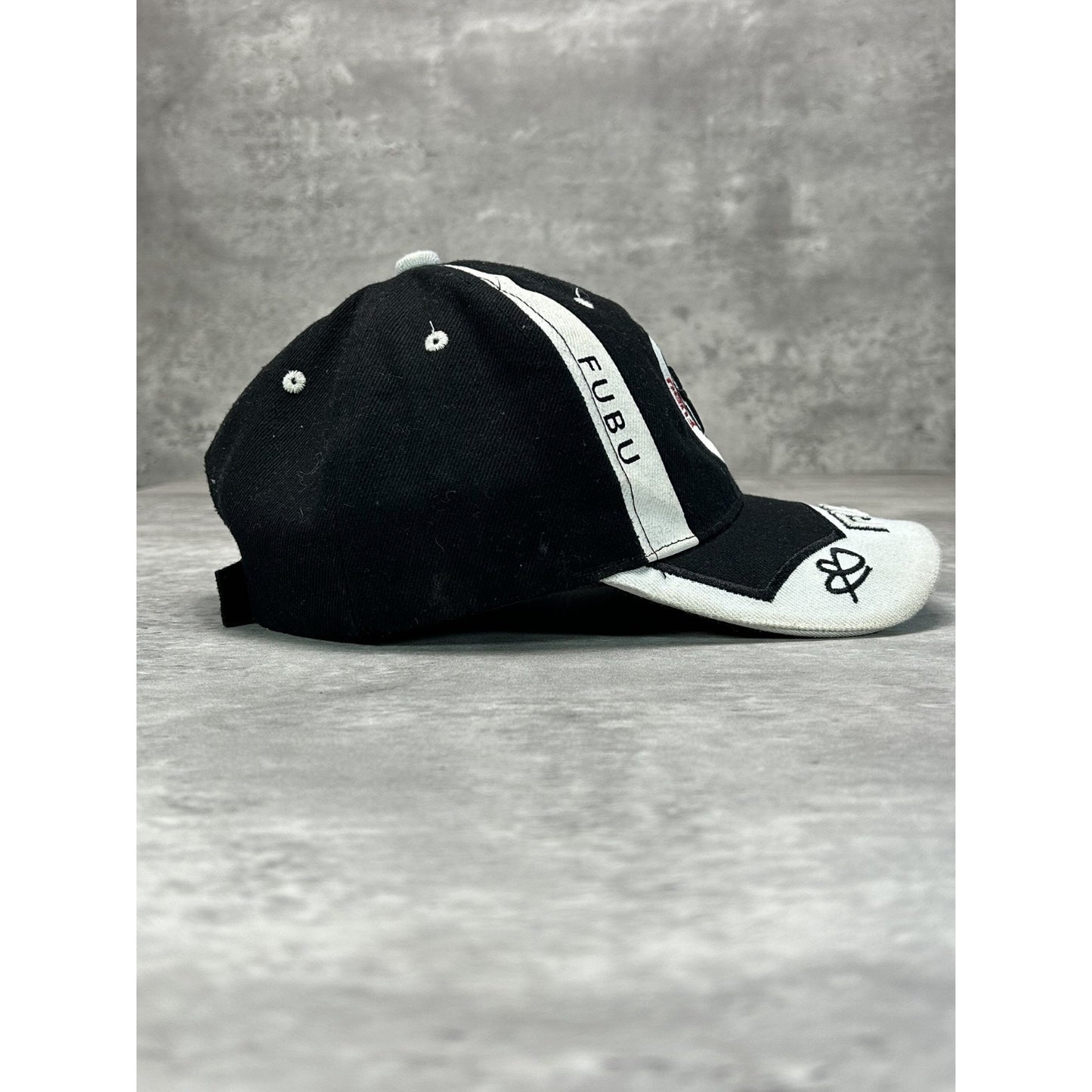 Vintage Y2K Fubu Embroidered Spellout Two Tone Strapback Hat OSFA Black/White