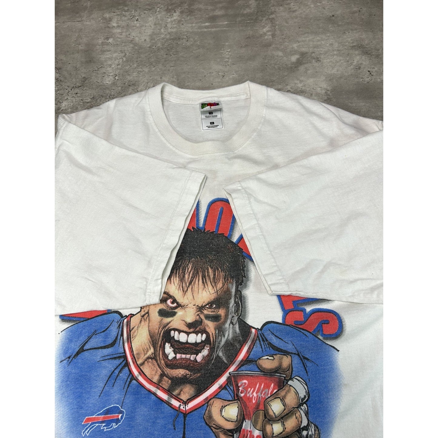 Vintage 90s Buffalo Bills NFL Open Up A Can Of Whoop Ass Cartoon T-Shirt Size XL