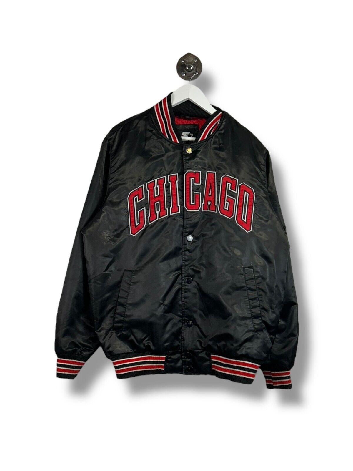 Chicago Bulls NBA Arc Spell Out Satin Bomber Basketball Starter Jacket Size Large