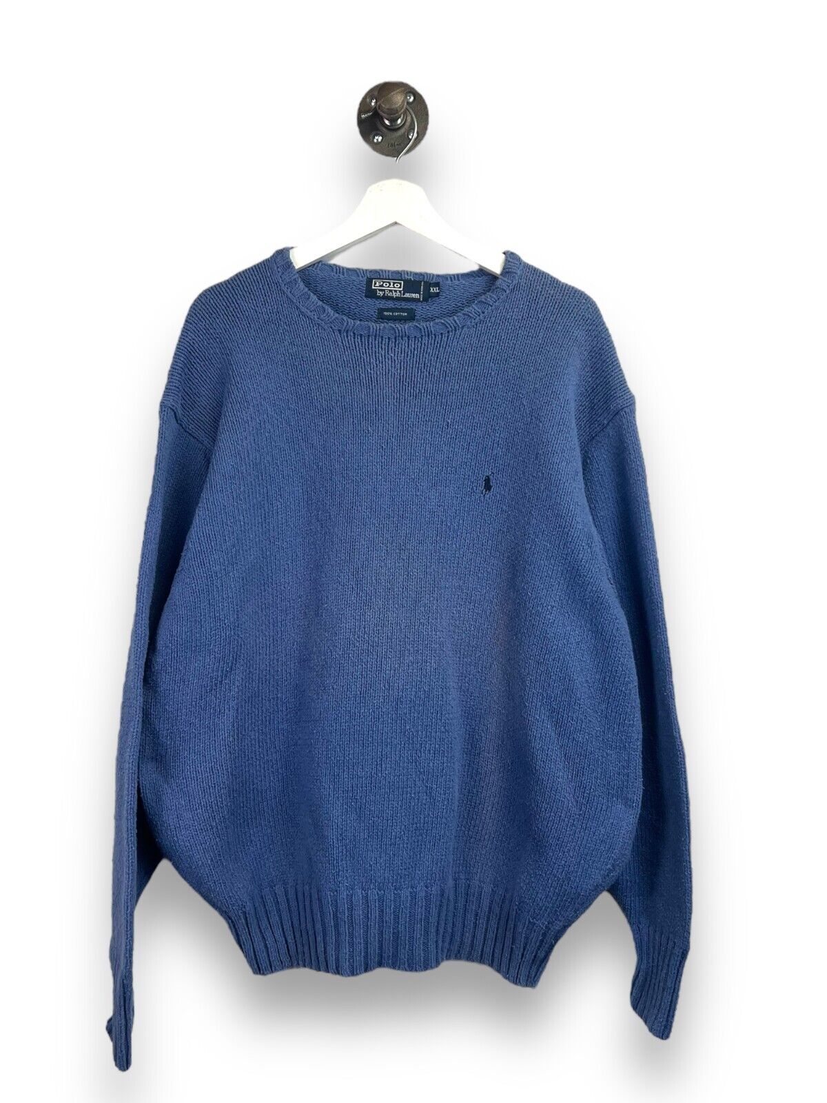 Vintage 90s Polo Ralph Lauren Embroidered Pony V Neck Knit Sweater Size XXL Blue