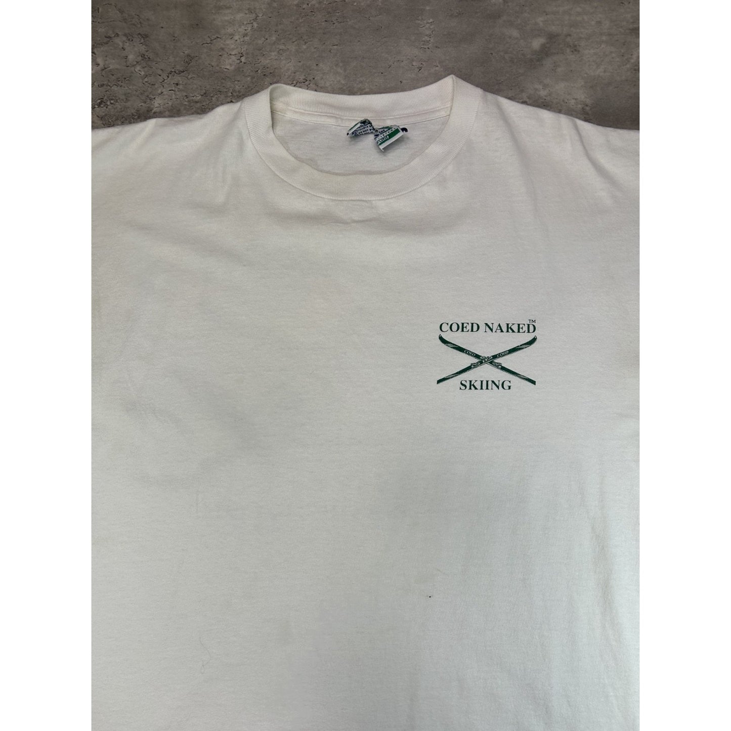 Vintage 90s Coed Naked Skiing Comedy Spellout Graphic T-Shirt Size XL White