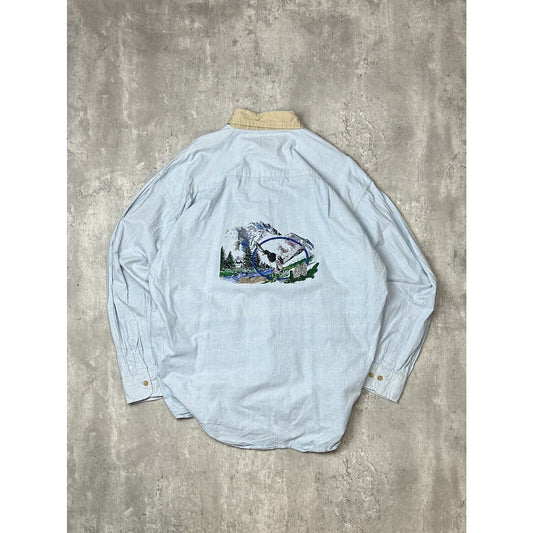 Vintage 90s Duxbak Light Wash Denim Nature Duck Print Button Up Shirt Size XL