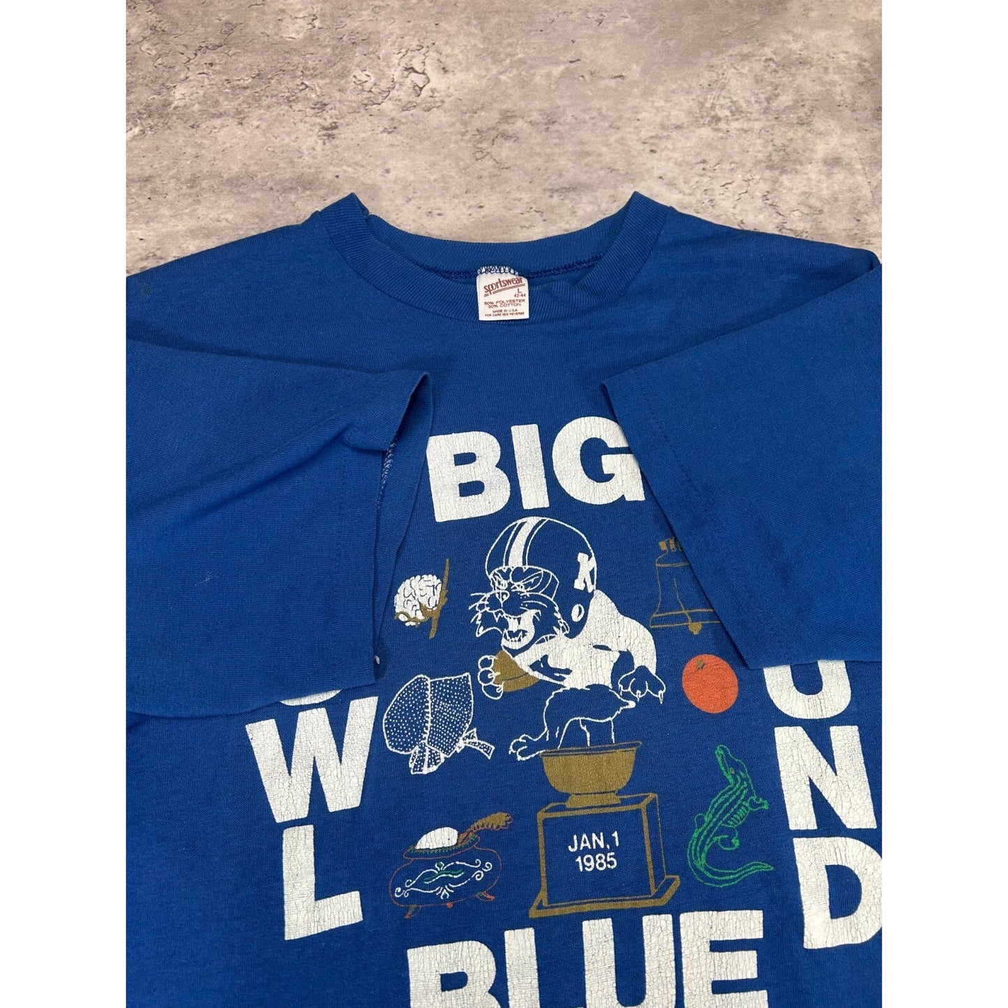 Vintage 1985 Kentucky Wildcats NCAA Bowl Bound Football T-Shirt Size Large Blue