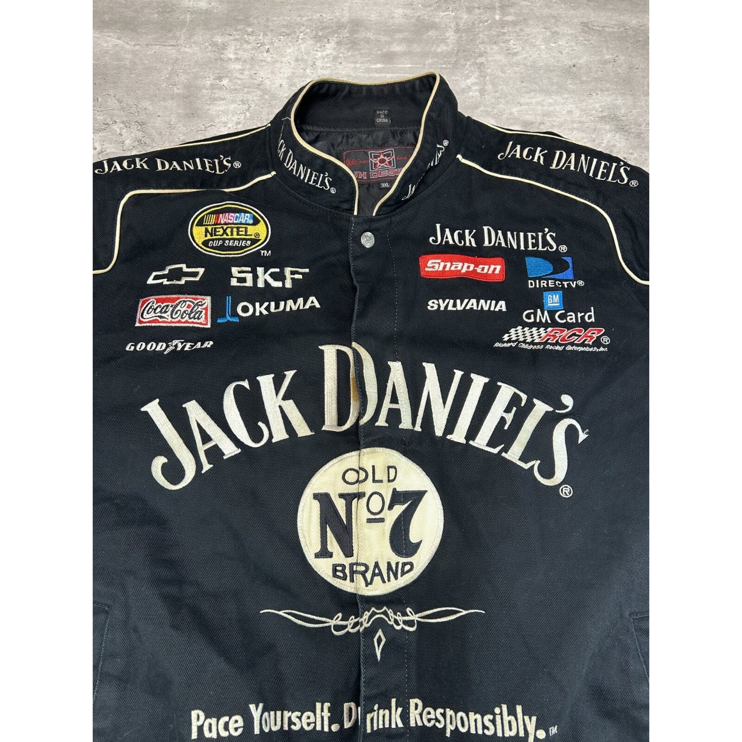 Vintage Jeff Hamilton Jack Daniels Embroidered Nascar Race Jacket Size 3XL Black
