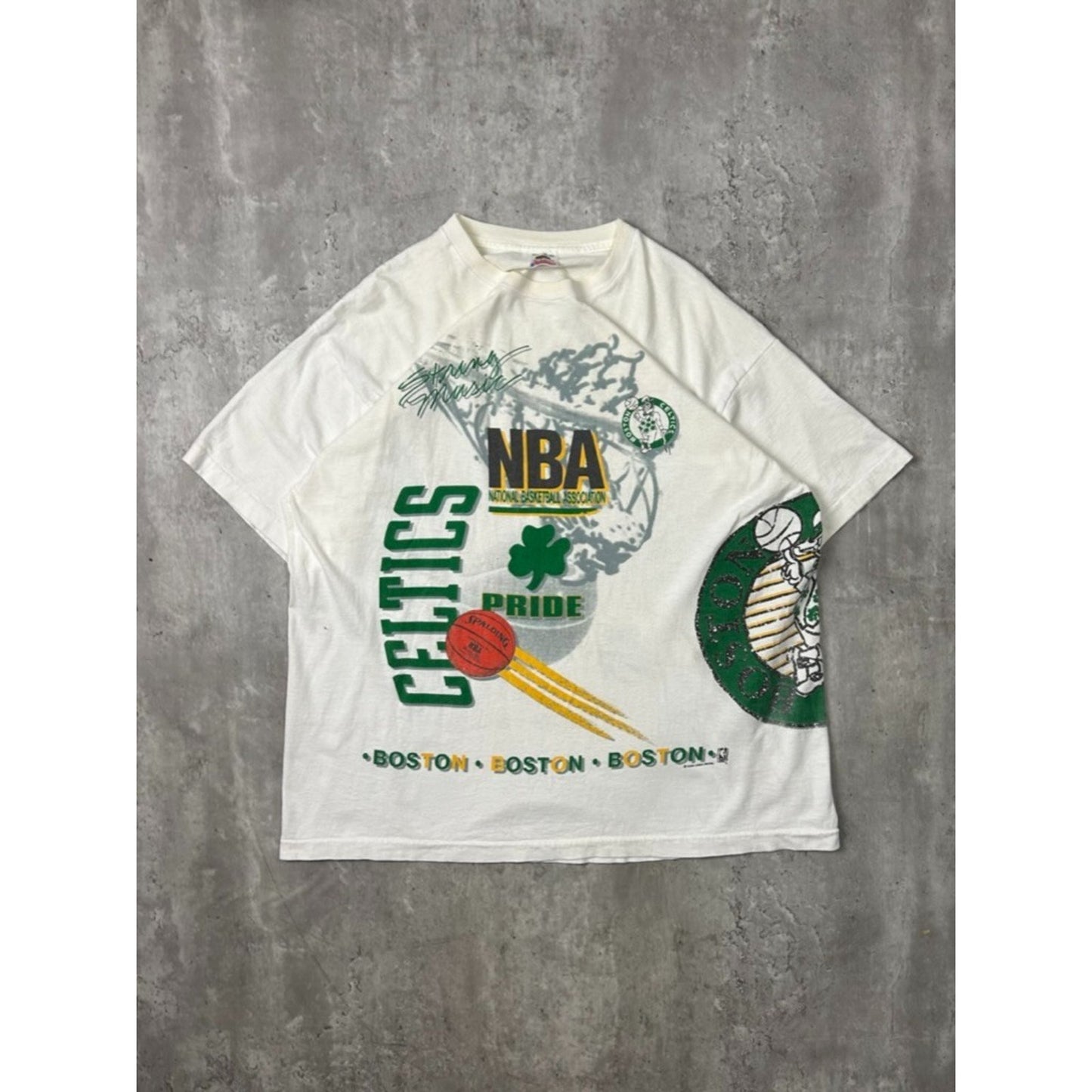 Vintage 90s Boston Celtics NBA All Over Print Basketball T-Shirt Size 2XL