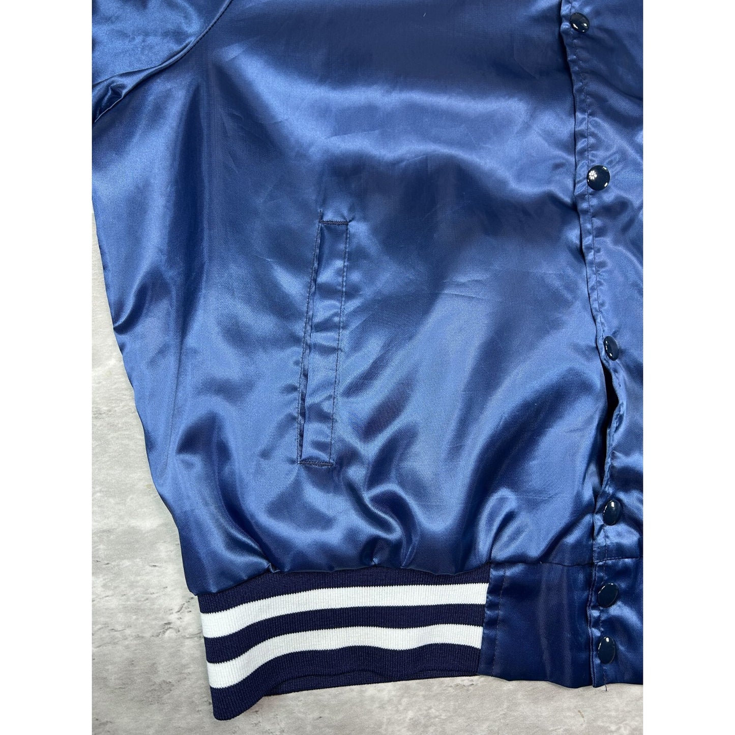Vintage 80s Buick Embroidered Patch Satin Bomber Jacket Size Large Blue