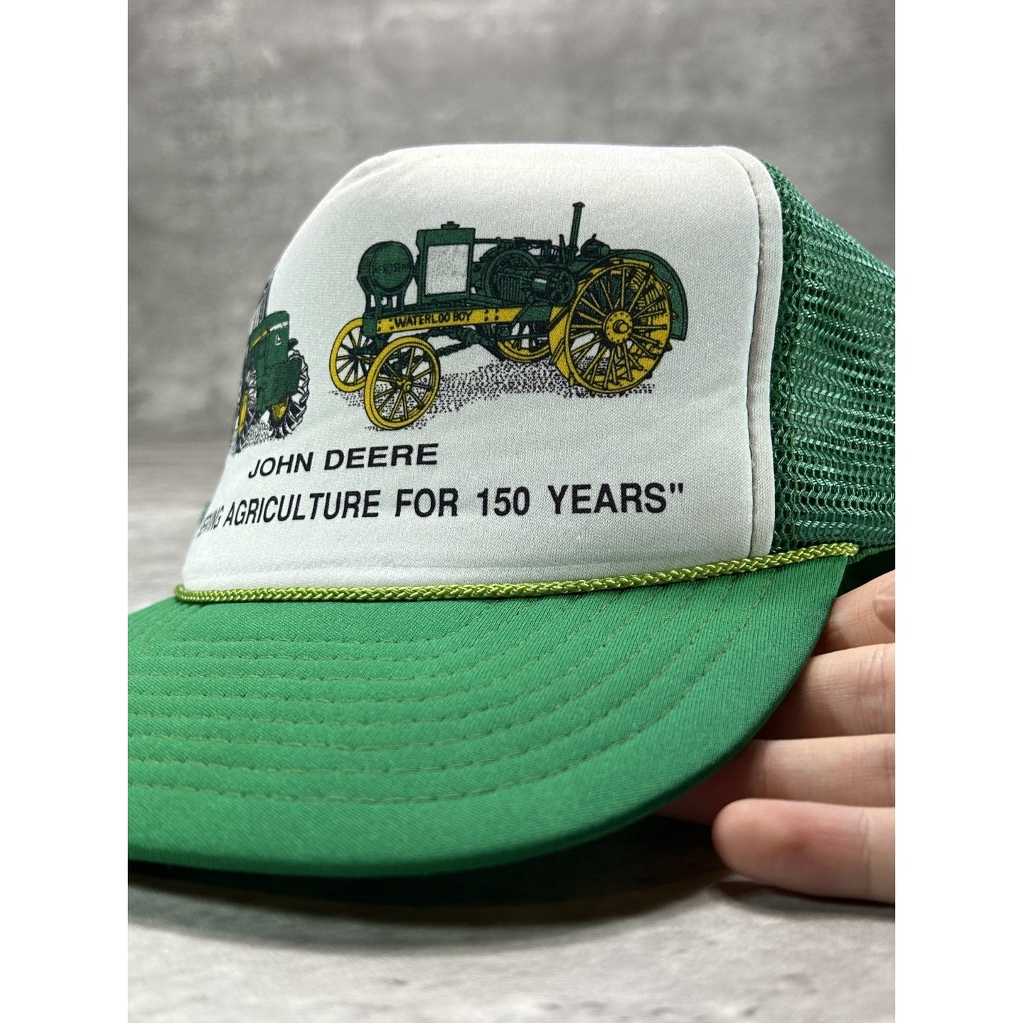 Vintage 1980s/90s John Deere Tractor Graphic Trucker Snapback Hat OSFA Green