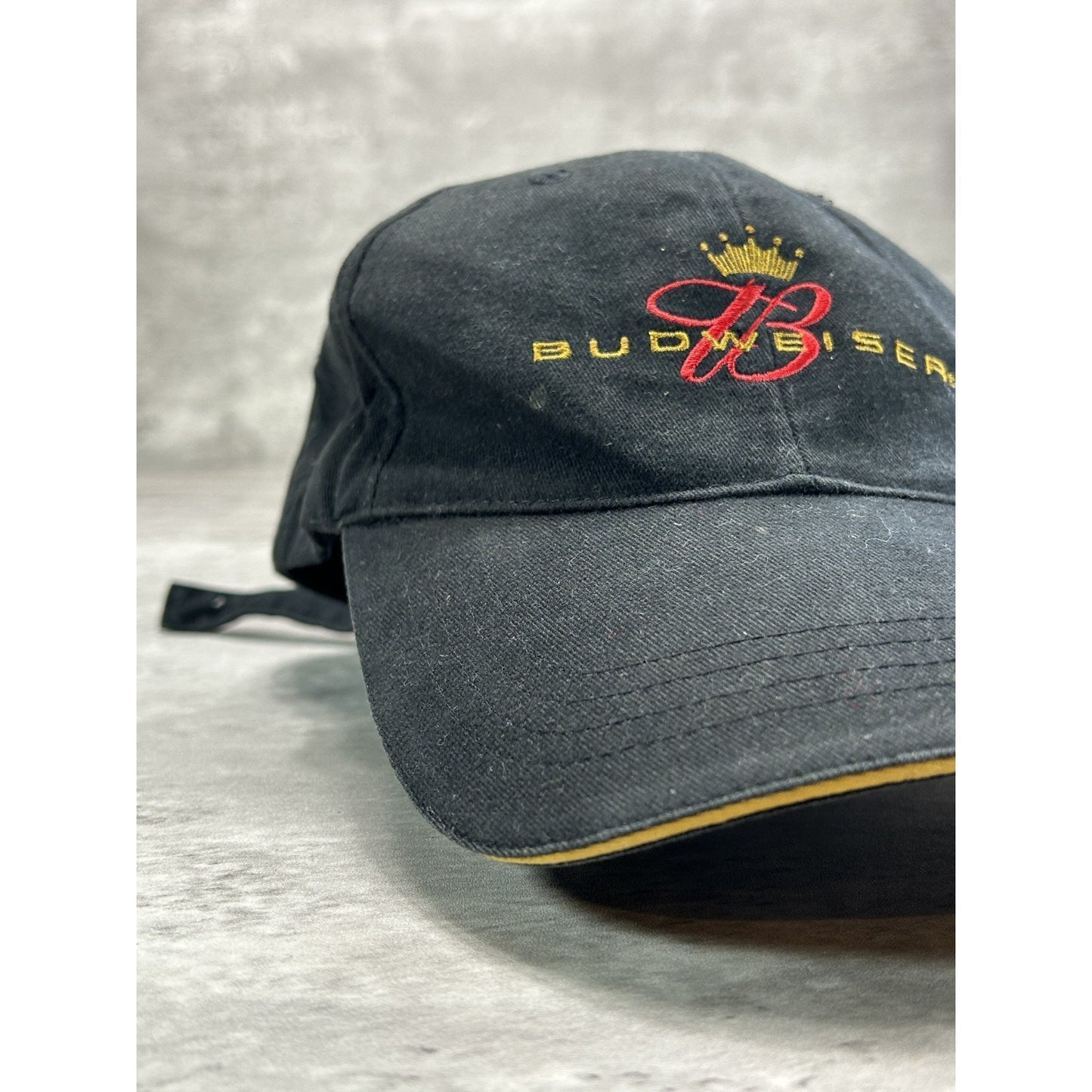 Vintage Budweiser Embroidered Spellout Beer Promo Strapback Hat OSFA Black