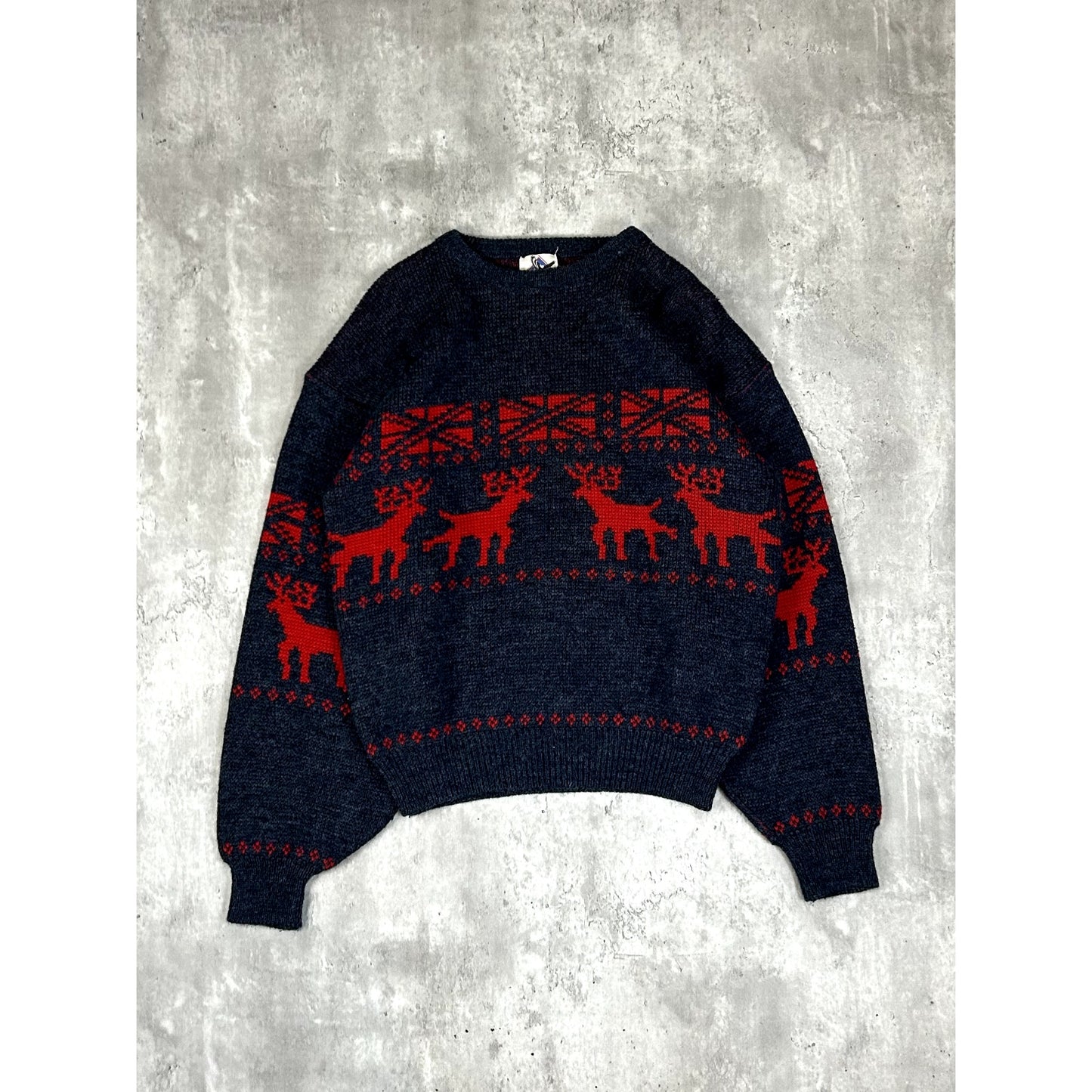 Vintage 90s Box Mondial Reindeer Pattern Print Pullover Knit Sweater Size Small