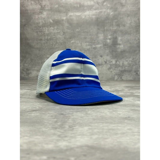 Vintage 80s Striped Blank Trucker Snapback Hat OSFA White/Blue
